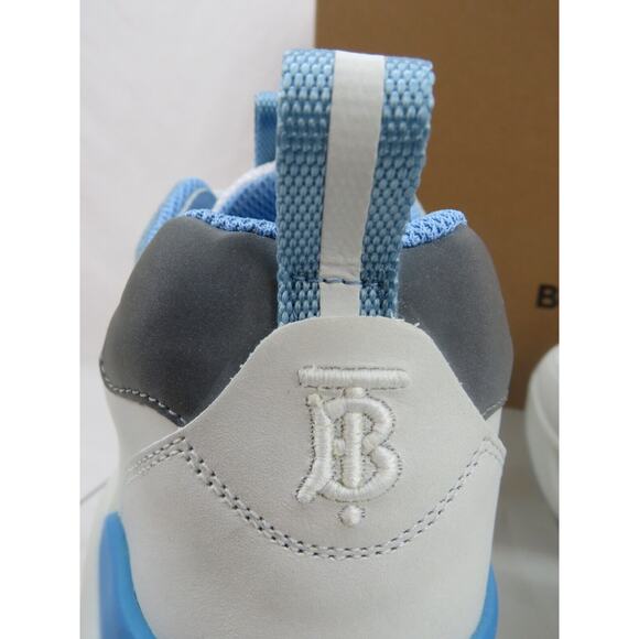 $850 BURBERRY SEAN WHITE SUEDE MESH PALE BLUE LOGO LOW SNEAKERS 41 US 8 ITALY main image 14